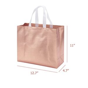 12.7" X 11" X 4.7" Non-woven Reusable Shiny Pink Gold Gift Bags With Glossy Finish Birthday Bag Favor Bags Goodie bags for Wedding Party - 12 Gift Bags Set