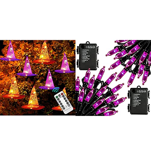 Dazzle Bright 8 Pcs Hanging Witch Hat String Lights + 50 LED 16FT Waterproof Battery Operated Purple Mini String Lights