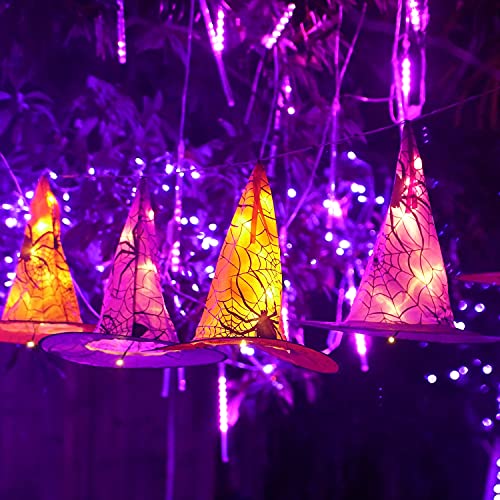 Dazzle Bright 8 Pcs Hanging Witch Hat String Lights + 50 LED 16FT Waterproof Battery Operated Purple Mini String Lights