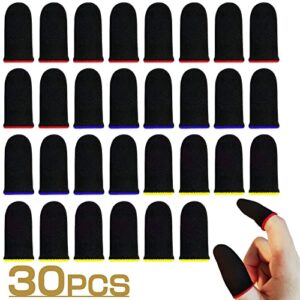 30 pack mobile phone gaming finger sleeves, nuozme finger sleeves fit all touchscreen devices, 0.15mm nanofibers, smooth feel, anti-sweat, extremely thin, zero-seam design,red, yellow and blue edge