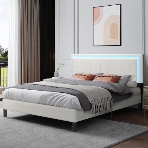 Catrimown Full Size Bed Frame with LED Lights, Upholstered Bed Frame Full with Faux Leather Adjustable Headboard, Wood Slat Support, No Box Spring Needed, Easy Assembly, White