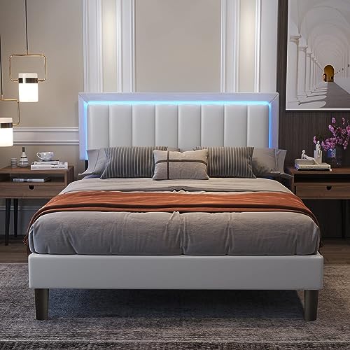 Catrimown Full Size Bed Frame with LED Lights, Upholstered Bed Frame Full with Faux Leather Adjustable Headboard, Wood Slat Support, No Box Spring Needed, Easy Assembly, White