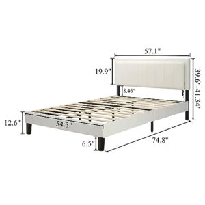 Catrimown Full Size Bed Frame with LED Lights, Upholstered Bed Frame Full with Faux Leather Adjustable Headboard, Wood Slat Support, No Box Spring Needed, Easy Assembly, White