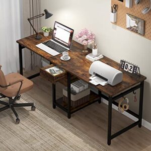 tribesigns 79 inch extra long desk, double desk with 2 drawers, two person desk long computer desk with storage shelves, writing table study desk for home office, rustic brown