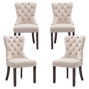 civama dining chairs set of 4, velvet nikki collection dining room chair upholstered modern luxury tufted with nailhead trim back pull ring solid wooden legs, beige