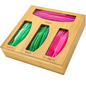 bamboo ziplock bag storage organizer and dispenser for kitchen drawer, suitable for gallon, quart, sandwich & snack, various size bag