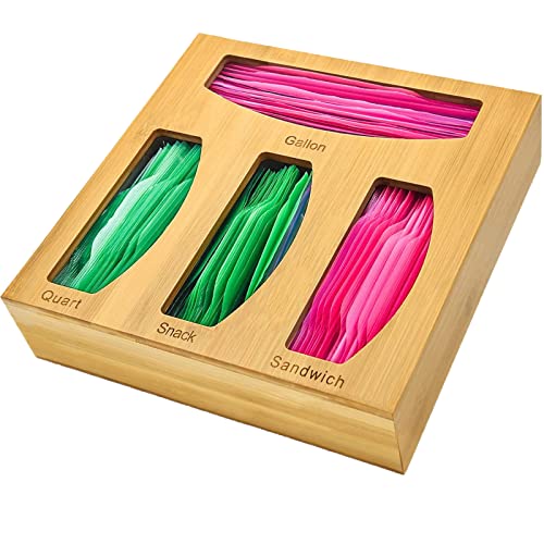 Bamboo Ziplock Bag Storage Organizer and Dispenser for Kitchen Drawer, Suitable for Gallon, Quart, Sandwich & Snack, Various Size Bag