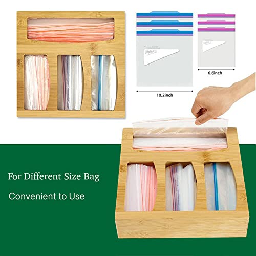 Bamboo Ziplock Bag Storage Organizer and Dispenser for Kitchen Drawer, Suitable for Gallon, Quart, Sandwich & Snack, Various Size Bag