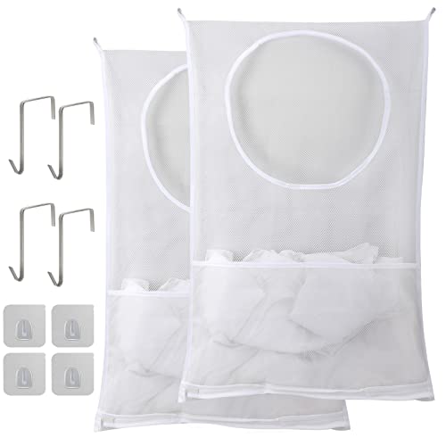 2 Pack Hanging Laundry Hamper Bag - with Free Adjustable Stainless Steel Door Hooks, Best Choice for Holding Dirty Clothes and Saving Space (2 White)