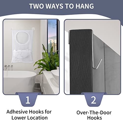 2 Pack Hanging Laundry Hamper Bag - with Free Adjustable Stainless Steel Door Hooks, Best Choice for Holding Dirty Clothes and Saving Space (2 White)