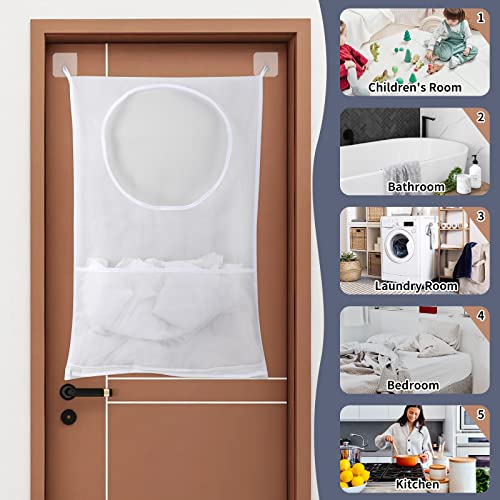 2 Pack Hanging Laundry Hamper Bag - with Free Adjustable Stainless Steel Door Hooks, Best Choice for Holding Dirty Clothes and Saving Space (2 White)