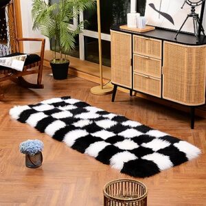 LLB Premium Sheepskin Rug Fluffy Plaid Rug 72 x 24 Inches Black and White Check Luxury Wool Rug for Bedroom Living Room (Black & White Plaid, 24''x72'')