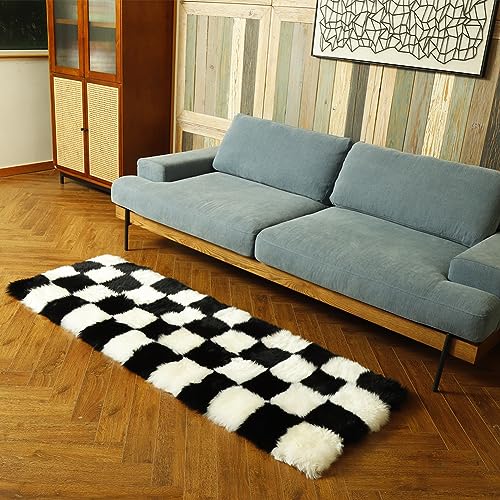 LLB Premium Sheepskin Rug Fluffy Plaid Rug 72 x 24 Inches Black and White Check Luxury Wool Rug for Bedroom Living Room (Black & White Plaid, 24''x72'')
