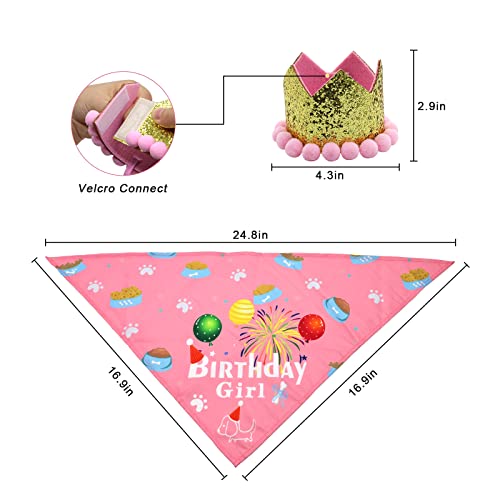 LEBERY Dog Birthday Bandana Hat Set - Dog Boys Girls Birthday Hat Cat Dog Pink Birthday Decorations for Small Medium Dog Cat Pet (Pink Scarf & Crown)