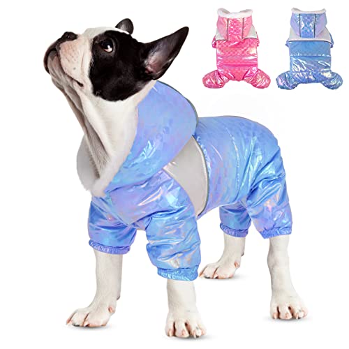 MIGOHI Small Dog Coat, Waterproof Puppy Down Jacket Padded Vest with Hooded for Cold Weather, Reflective Dog Winter Coat Snowproof Dog Jackets with 4 Legs Pet Apparel for Small Medium Dogs, Blue XS