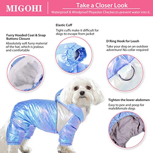 MIGOHI Small Dog Coat, Waterproof Puppy Down Jacket Padded Vest with Hooded for Cold Weather, Reflective Dog Winter Coat Snowproof Dog Jackets with 4 Legs Pet Apparel for Small Medium Dogs, Blue XS