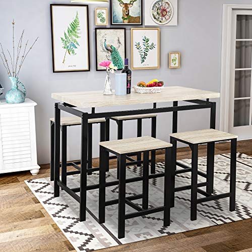 5 Piece Dining Table Set for 4, Kitchen Counter Height Table and 4 Chairs, Bar Table and Chairs Set, Home Kitchen Breakfast Table for Small Spaces Pub Dining Room Kitchen (Beige+Black)