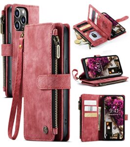 caseme iphone 14 pro max wallet case, case with card holder, leather for women men, premium magnetic kickstand strap zipper, red