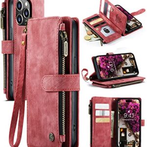 CaseMe iPhone 14 Pro Max Wallet Case, Case with Card Holder, Leather for Women Men, Premium Magnetic Kickstand Strap Zipper, Red