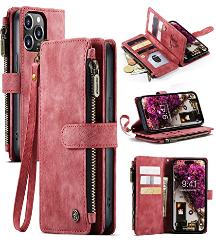 CaseMe iPhone 14 Pro Max Wallet Case, Case with Card Holder, Leather for Women Men, Premium Magnetic Kickstand Strap Zipper, Red