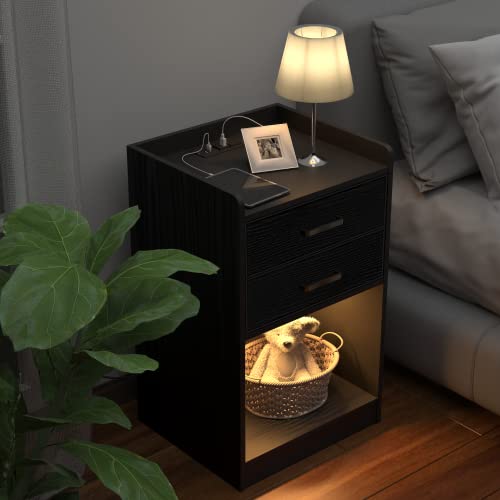 TOLEAD Nightstand with Charging Station and LED Lights, Modern End Side Table Bedside Table with 2 Drawers, Nightstand Storage Cabinet for Bedroom, Black