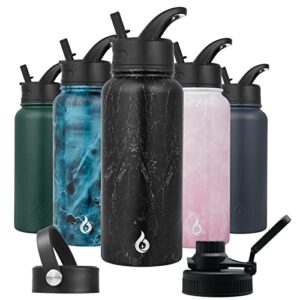 bjpkpk insulated water bottles with straw lid, 32oz metal large water bottle with 3 lids, reusable leak proof bpa free thermos, stainless steel canteen water bottle for sports, gym & travel-midnight