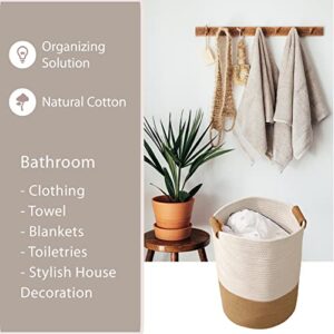 OHROS 1 Piece Woven Baskets For Storage Rope Laundry Basket For Organizing Hamper Boho Cotton Laundry Basket For Bathroom Towel Blanket Closet Clothes Storage Toy Bin Round Tall Basket 13.5 X 14.5"