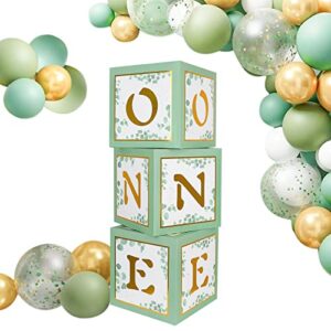keencopper one boxes for 1st birthday, 3pcs sage green baby blocks first birthday decorations for boys or girls with gold one letters as photoshoot props cake smash backdrop