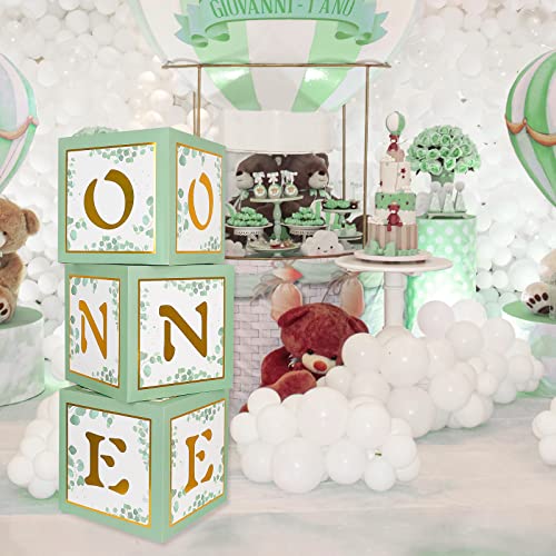 Keencopper One Boxes for 1st Birthday, 3pcs Sage Green Baby Blocks First Birthday Decorations for Boys or Girls with Gold ONE Letters as Photoshoot Props Cake Smash Backdrop