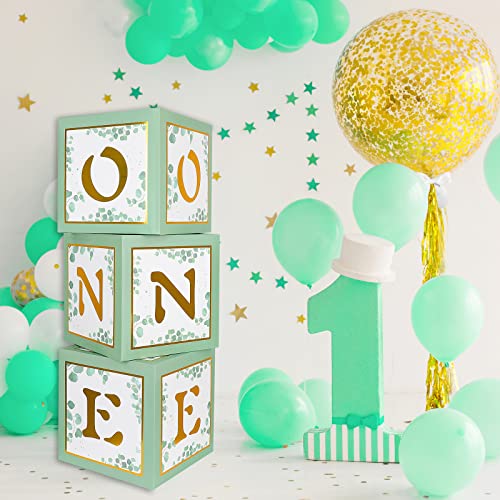 Keencopper One Boxes for 1st Birthday, 3pcs Sage Green Baby Blocks First Birthday Decorations for Boys or Girls with Gold ONE Letters as Photoshoot Props Cake Smash Backdrop