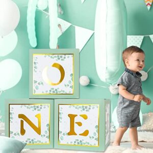 Keencopper One Boxes for 1st Birthday, 3pcs Sage Green Baby Blocks First Birthday Decorations for Boys or Girls with Gold ONE Letters as Photoshoot Props Cake Smash Backdrop