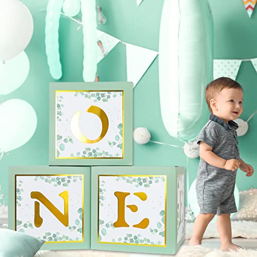 Keencopper One Boxes for 1st Birthday, 3pcs Sage Green Baby Blocks First Birthday Decorations for Boys or Girls with Gold ONE Letters as Photoshoot Props Cake Smash Backdrop