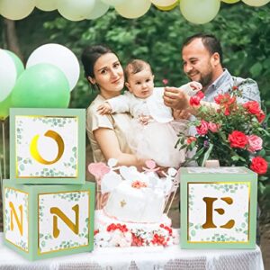 Keencopper One Boxes for 1st Birthday, 3pcs Sage Green Baby Blocks First Birthday Decorations for Boys or Girls with Gold ONE Letters as Photoshoot Props Cake Smash Backdrop