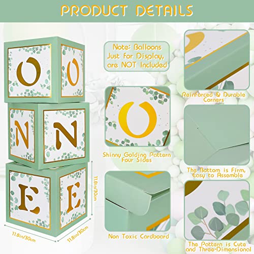 Keencopper One Boxes for 1st Birthday, 3pcs Sage Green Baby Blocks First Birthday Decorations for Boys or Girls with Gold ONE Letters as Photoshoot Props Cake Smash Backdrop