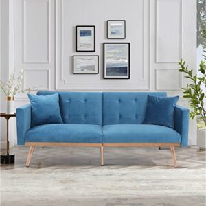 rarzoe velvet sofa bed loveseat sofa accent sofa, mid century modern convertible sleeper couch, futon sofa bed with 2 pillows for living room bedroom apartment,water blue