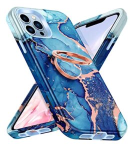 hekodonk iphone 13 pro max case - heavy duty, rotating ring kickstand, tempered glass protector, shockproof, blue marble