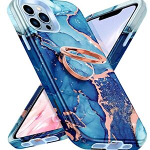 Hekodonk iPhone 13 Pro Max Case - Heavy Duty, Rotating Ring Kickstand, Tempered Glass Protector, Shockproof, Blue Marble