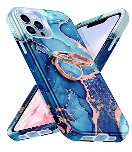 Hekodonk iPhone 13 Pro Max Case - Heavy Duty, Rotating Ring Kickstand, Tempered Glass Protector, Shockproof, Blue Marble