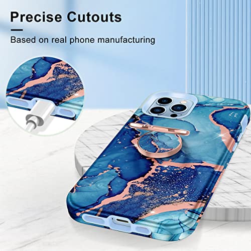 Hekodonk iPhone 13 Pro Max Case - Heavy Duty, Rotating Ring Kickstand, Tempered Glass Protector, Shockproof, Blue Marble
