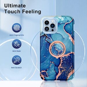 Hekodonk iPhone 13 Pro Max Case - Heavy Duty, Rotating Ring Kickstand, Tempered Glass Protector, Shockproof, Blue Marble