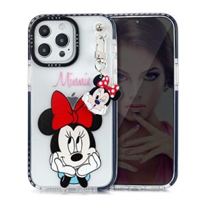 threesee for iphone 14 pro max cute case,minnie mouse cute cartoon kawaii girls kids women slim gel rubber bumper soft tpu protective clear case with pendant for iphone 14 pro max 6.7 inch(minnie)