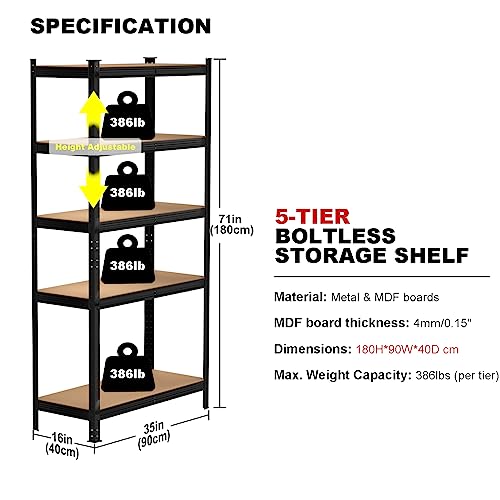 Vandise Heavy Duty Storage Rack 5 Tier Full-Size Metal Storage Shelving Unit, 386lbs Capacity per Shelf, Great for Kitchen, Office, and Garage Storage, 71H x 35W x 16D inch, Black