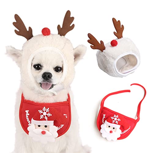 Udebohe Dog Christmas Bandana Bib and Hat Set 2 Pieces, Christmas Tree Elk Reindeer Santa Claus Pet Christmas Costume Accessories Outfit for Small Dogs Cats Puppys Kittens