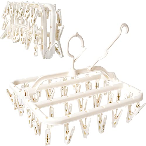 Foshine Clothes Drying Racks Foldable Clip Hangers Drip Hanger Plastic with 32 Drying Clips Wind-Proof Hook Underwear Hanger with Clips Plastic Laundry Clip for Socks Bras Blue (White)