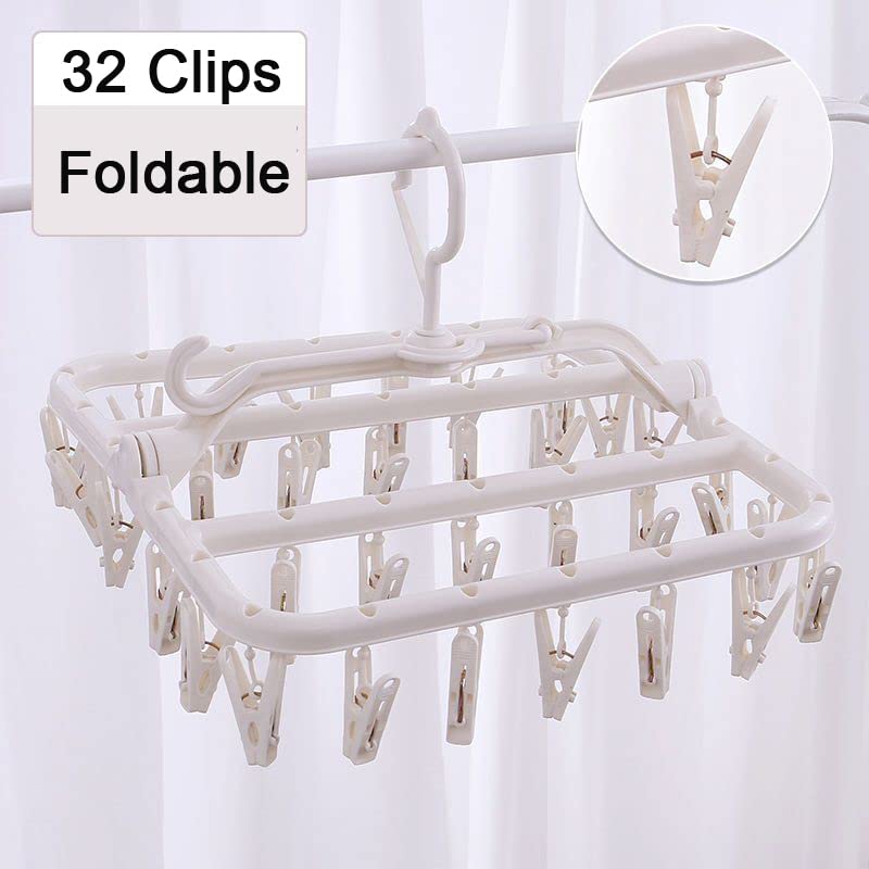 Foshine Clothes Drying Racks Foldable Clip Hangers Drip Hanger Plastic with 32 Drying Clips Wind-Proof Hook Underwear Hanger with Clips Plastic Laundry Clip for Socks Bras Blue (White)