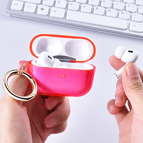 AIRSPO Airpods Pro 2nd Generation Case Cover, Clear Soft TPU Protective Cover Compatible with Apple AirPods Pro 2 Wireless Charging Case with Keychain and Lanyard (Neon Hot Pink)