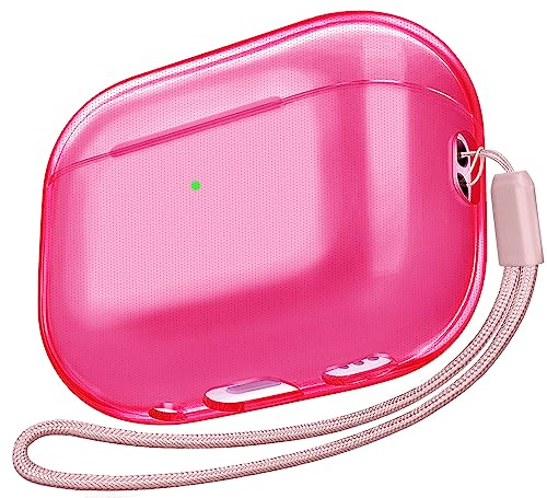 AIRSPO Airpods Pro 2nd Generation Case Cover, Clear Soft TPU Protective Cover Compatible with Apple AirPods Pro 2 Wireless Charging Case with Keychain and Lanyard (Neon Hot Pink)