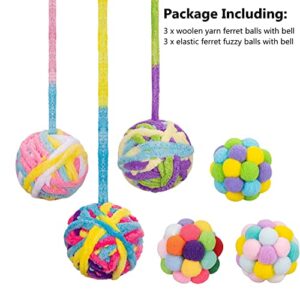 HAICHEN TEC Ferret Toys Ball Set Woolen Yarn Cats Balls with Built-in Bell Soft Colorful Pompom Balls Interactive Sound Toy Exercise Scratch Play Chew Toys for Indoor Pet Cat Kitten (6 Pack)