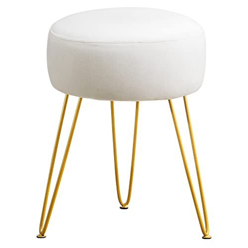 LUE BONA Vanity Stool, White Vanity Stools for Makeup Room, Round Ottoman Foot Stool, Velvet Footrest Vanity Chair for Bathroom Vanity, Bedroom, Living Room, Entryway, Offices