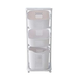 Laundry Basket Bathroom Multi-layer Clothes Storage Basket, 3-Tier Laundry Basket with Wheel Rolling Laundry Sorter Hamper, Household Bathroom Simple Storage Shelf Kitchen Shelf (Beige)